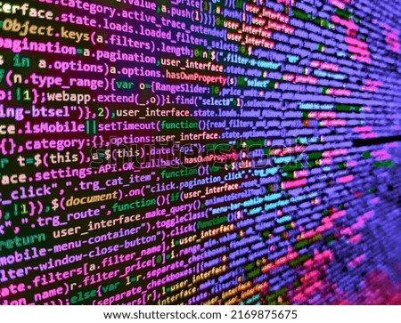 Programming Javascript on laptop computer screen. Modern application Source abstract algorithm concept. Programming of Internet website
