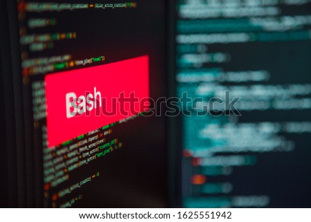 Programming language, Bash inscription on the background of computer code. Modern digital technologies and programming training