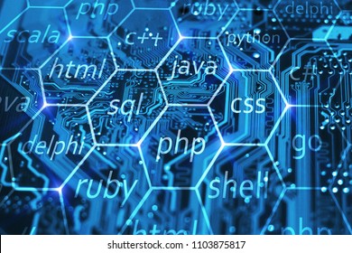 Programming language and development of applications concept on blue integrated circuit. Training courses of php, sql, html, css and other disciplines.