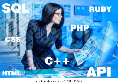 Programming language. Name of the programming language next to the woman. Woman chooses a programming language. Girl programmer near computer. SQL. PHP. API. Machine code. Website Development Studio