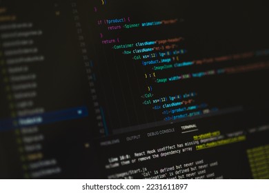 Programming language on black screen background, Javascript React code