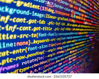 Programming language on laptop computer screen. Blue software developer background. Happy birthday. Sequence of numbers with bright colors on a black background. Virus in program code.