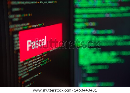 Programming language, Pascal inscription on the background of computer code. Modern digital technologies and programming training