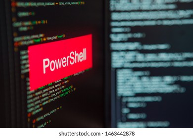 Programming language, PowerShell inscription on the background of computer code. Modern digital technologies and programming training
