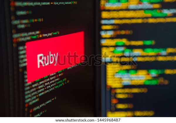 Programming language, Ruby inscription on the\
background of computer code. Modern digital technologies and\
programming\
training