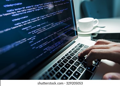Programming Work Time. Programmer Typing New Lines of HTML Code. Laptop and Hand Closeup. Working Time. Web Design Business Concept. - Shutterstock ID 329205053