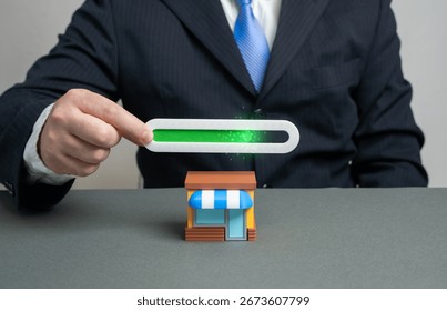 Progress bar above the store. Store payback, profitability. Progress to business expansion. Improving performance. Retail growth, financial milestones, scaling strategy, market development