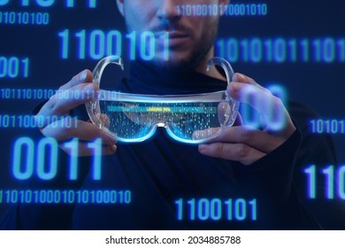Progress bar loading. Man with futuristic tablet in hand. Guy using VR glasses. Augmented reality, future technology concept. Futuristic holographic loading interface.