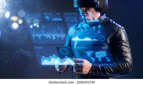 Progress bar loading. Man with futuristic tablet in hand. Guy using VR glasses. Augmented reality, future technology concept. Futuristic holographic loading interface.