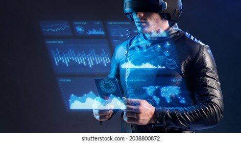 Progress bar loading. Man with futuristic tablet in hand. Guy using VR glasses. Augmented reality, future technology concept. Futuristic holographic loading interface.