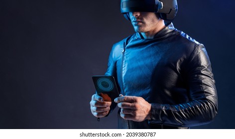 Progress bar loading. Man with futuristic tablet in hand. Guy using VR glasses. Augmented reality, future technology concept. Futuristic holographic loading interface.
