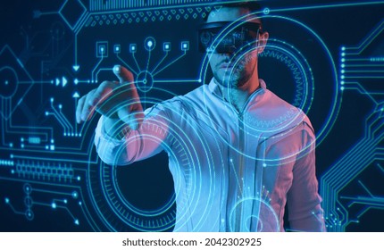 Progress bar loading. Man with futuristic tablet in hand. Guy using VR glasses. Augmented reality, future technology concept. Futuristic holographic loading interface.
