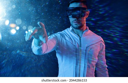 Progress bar loading. Man with futuristic tablet in hand. Guy using VR glasses. Augmented reality, future technology concept. Futuristic holographic loading interface.