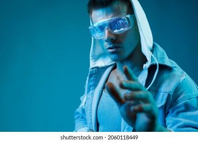 Progress bar loading. Man with futuristic tablet in hand. Guy using VR glasses. Augmented reality, future technology concept. Futuristic holographic loading interface.