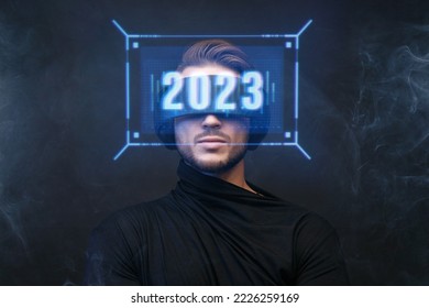 Progress bar loading. Man with futuristic tablet in hand. Guy using VR glasses. Augmented reality, 2023 concept. Futuristic holographic loading interface.