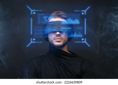 Progress bar loading. Man with futuristic tablet in hand. Guy using VR glasses. Augmented reality, future technology concept. Futuristic holographic loading interface.