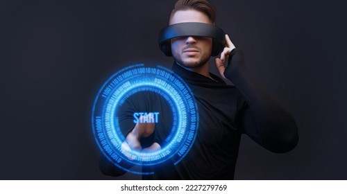 Progress bar loading. Man with futuristic tablet in hand. Guy using VR glasses. Augmented reality, future technology concept. Futuristic holographic loading interface.