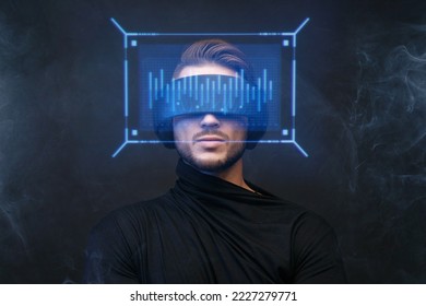 Progress bar loading. Man with futuristic tablet in hand. Guy using VR glasses. Augmented reality, future technology concept. Futuristic holographic loading interface.