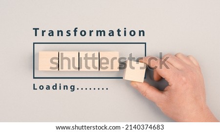 Progress bar with the words transformation loading, upgrade and improve concept, changing process