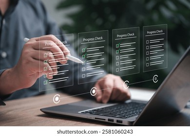 Progress check online document, Checklist and Task Management Concept, Businessman progress tracking of work, Document check online, Schedule plan, Workflow report step-by-step management, target