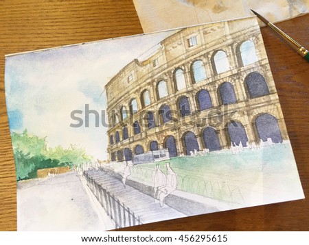 progressing of water color painting  Colosseum on rough paper.