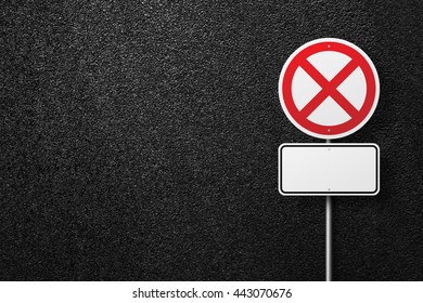 Prohibitory blank road sign on a background of asphalt. No parking. The texture of the tarmac, top view. - Shutterstock ID 443070676