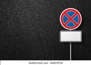 Prohibitory blank road sign on a background of asphalt. No parking. The texture of the tarmac, top view. - Shutterstock ID 443070724