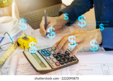 Project engineers calculate construction costs.,Cost of materials and labor for construction,financial business - Shutterstock ID 2222095875