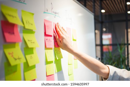 project management, agile methodology. young business woman in the office are working on a startup. Project manager plan work and stages of development of company, glue sticky leaves on Board