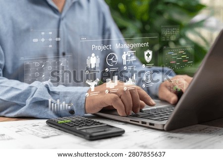 Project management concept, Engineer planning and managing business project, Project schedule, Resource allocation, Budgeting, Design documents, Site survey, Organizing project calendar and workflow