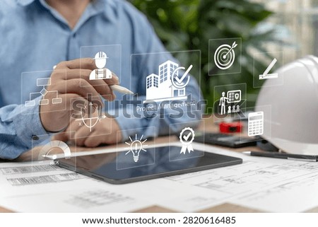 Project management concept, Engineer planning and managing business project, Project schedule, Resource allocation, Budgeting, Design documents, Site survey, Organizing project calendar and workflow