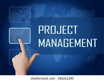 Project Management concept with interface and world map on blue background