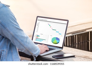 Project Management Dashboard Concept. Man Holding Phone With Project Management Dashboard On Screen.