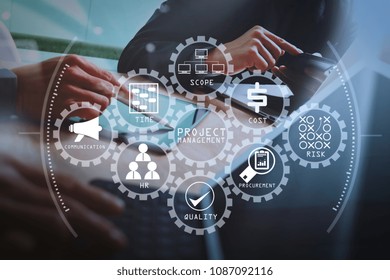 Project management diagram of cost, time, scope, human resources, risks, quality and communication with icons.Business team meeting present. Photo professional investor working with new project.  - Powered by Shutterstock