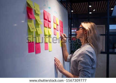 Project management, product development methodologies. A young woman makes notes on a white magnetic marker Board and glue colored sticky leaves.