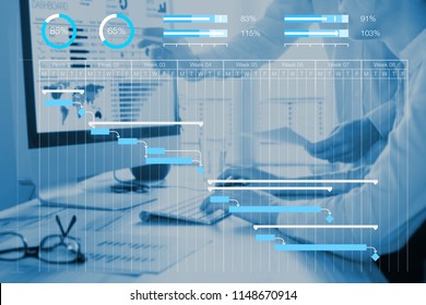 Project management scheduling concept with Gantt chart planning with tasks and milestones to monitor progress and deliverables with manager team in background working on computer in office - Shutterstock ID 1148670914