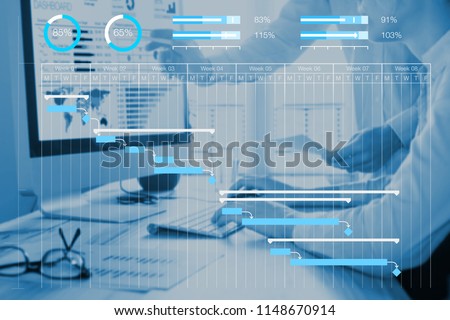 Project management scheduling concept with Gantt chart planning with tasks and milestones to monitor progress and deliverables with manager team in background working on computer in office