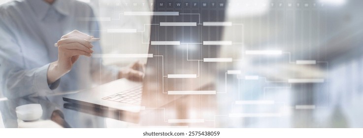 Project Management and Scheduling Using Digital Tools on a Wide Banner, Business and Technology Concept.