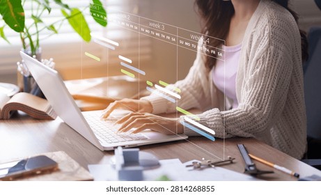 Project management software and digital planning concept with professional woman working on laptop with virtual