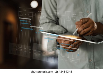 A project management software person using tablet with digital project timeline overlay, showing planning and scheduling, professional setting