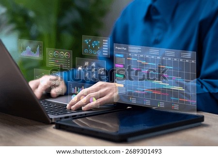 Project Management, Statistical Data Analysis Concept, Businesswoman Show Dashboard for Financial Forecast, Corporate Annual Data Review, Strategic Project Management, Market Insights Analytics
