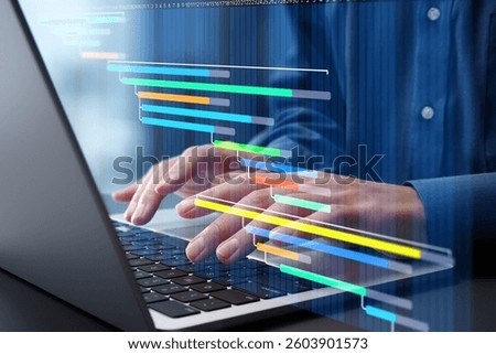 Project management and task scheduling. Timeline and project tracking. Businessman using laptop computer for managing projects and tasks.