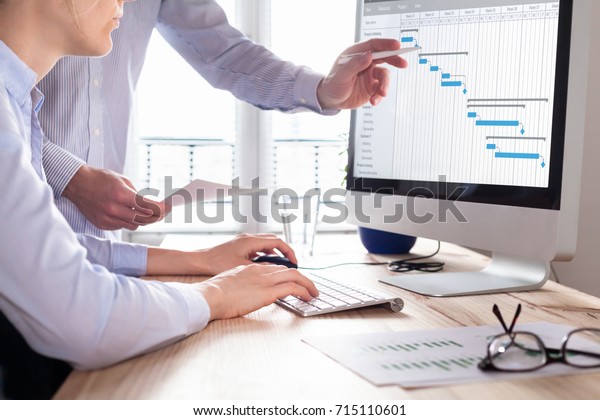 Project\
management team updating Gantt chart schedule or planning on\
computer, two business people in\
office