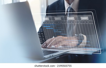 Project Management, Teamwork Concept. Project Manager Working On Laptop Computer And Update Tasks With Milestones Progress Planning And Gantt Chart Scheduling Virtual Interface, Business Development