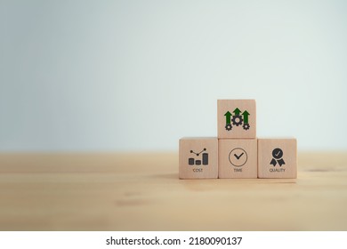 Project management triangle; Time, Quality, Cost concept. Valuable tool for prioritizing and decision making. Available time to deliver, available money or resources, fit to-purpose to be success. - Shutterstock ID 2180090137