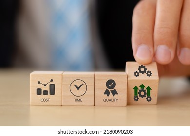 Project management triangle; Time, Quality, Cost concept. Valuable tool for prioritizing and decision making. Available time to deliver, available money or resources, fit to-purpose to be success. - Shutterstock ID 2180090203