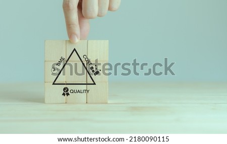 Project management triangle; Time, Quality, Cost concept. Valuable tool for prioritizing and decision making. Available time to deliver, available money or resources, fit to-purpose to be success.