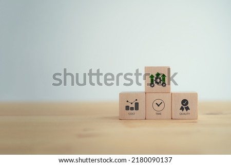 Project management triangle; Time, Quality, Cost concept. Valuable tool for prioritizing and decision making. Available time to deliver, available money or resources, fit to-purpose to be success.