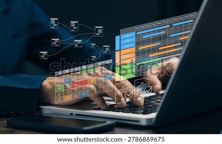 Project management and workflow planning concept with digital timeline, task scheduling and business process interface on laptop, representing productivity and team organization.