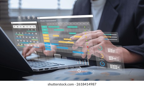 Project management and workflow scheduling interface. A business professional analyzing Gantt charts, tracking progress, and managing task execution through a digital strategy dashboard.